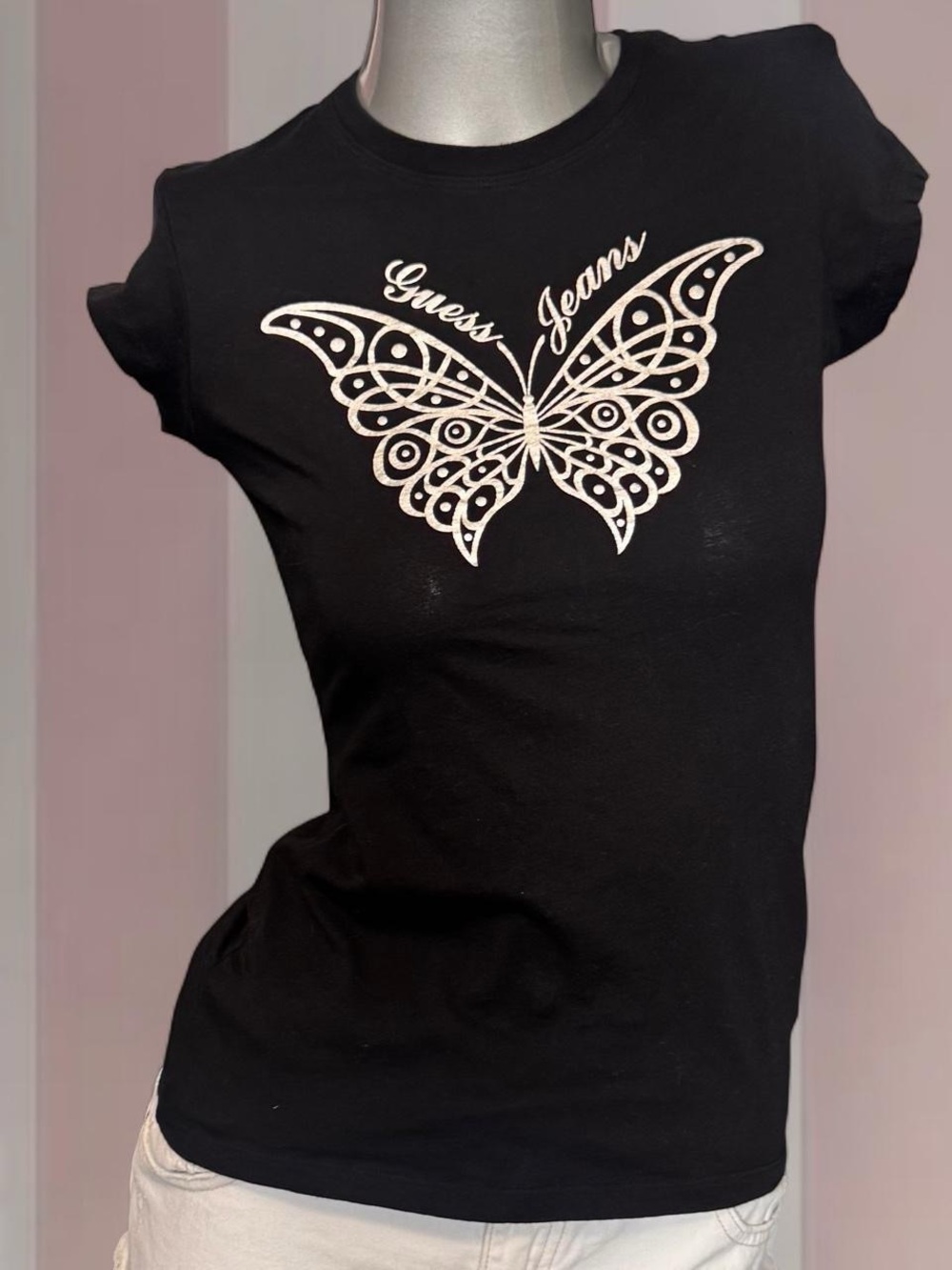 Guess Y2K Black Butterfly Baby Tee